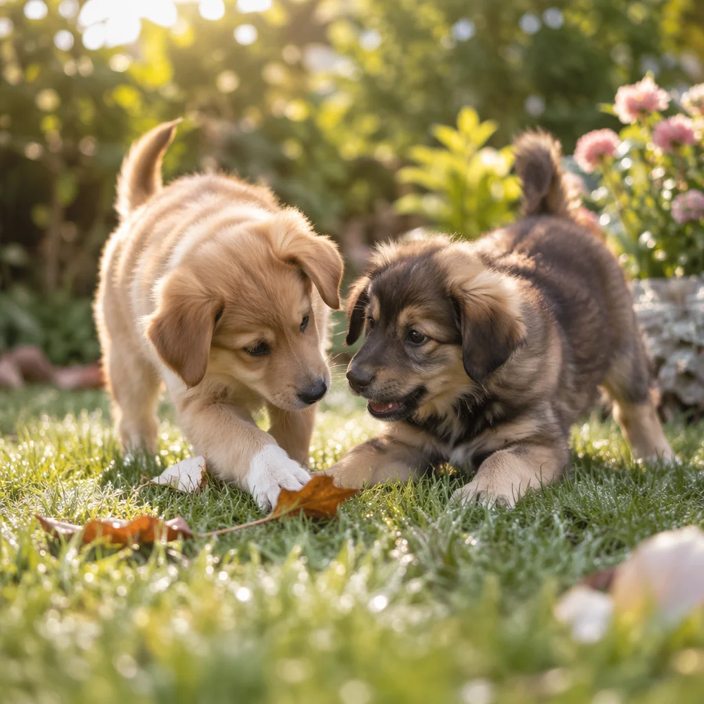 Two Playful Puppies in Morning Garden