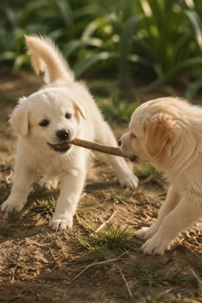 Playful Fluffy Puppies in Sunny Garden