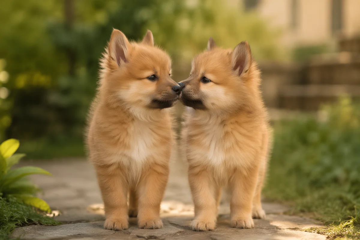 Cute Spitz Puppies Playing in Sunny Garden