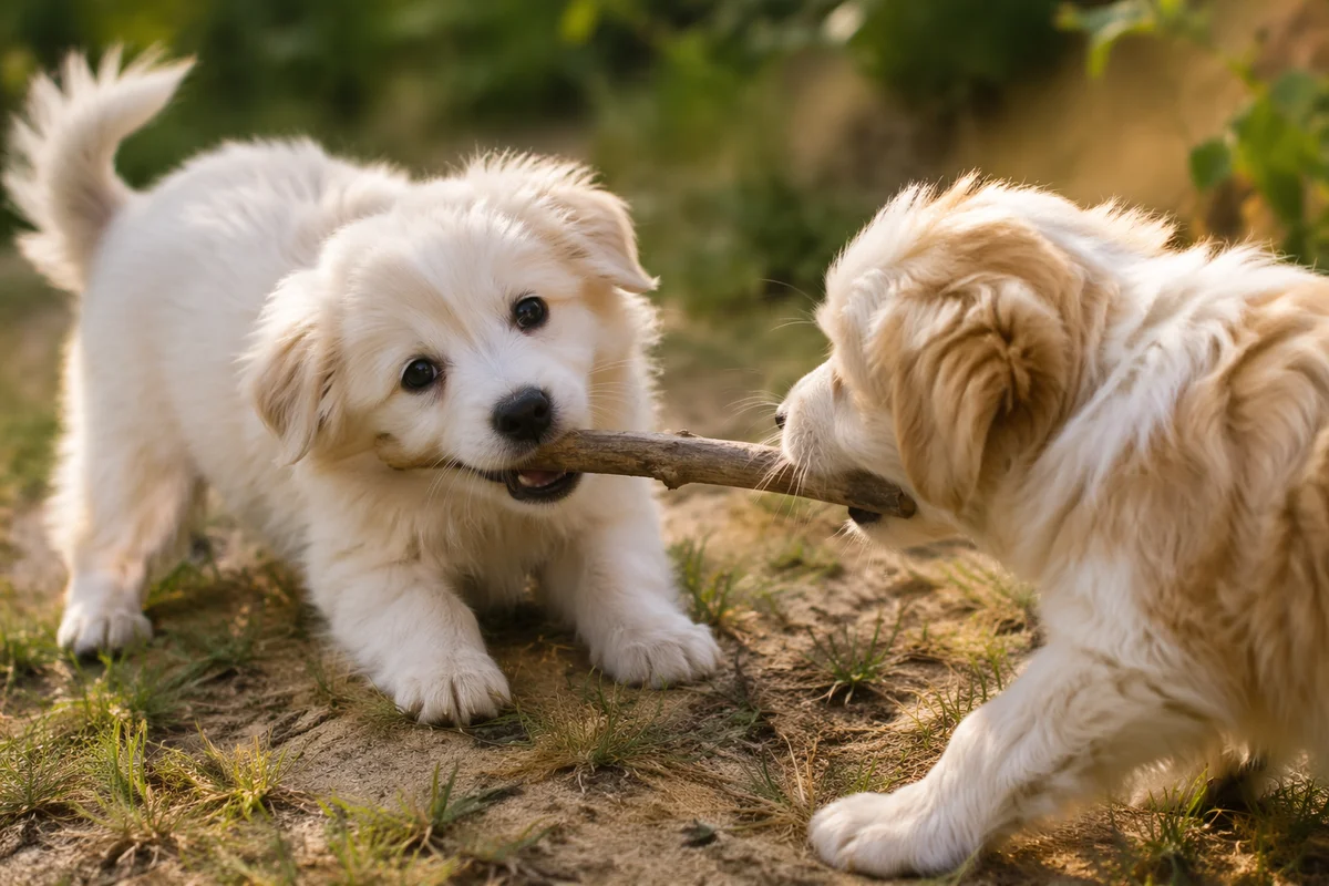 Two Fluffy Puppies Playing in Sunny Garden