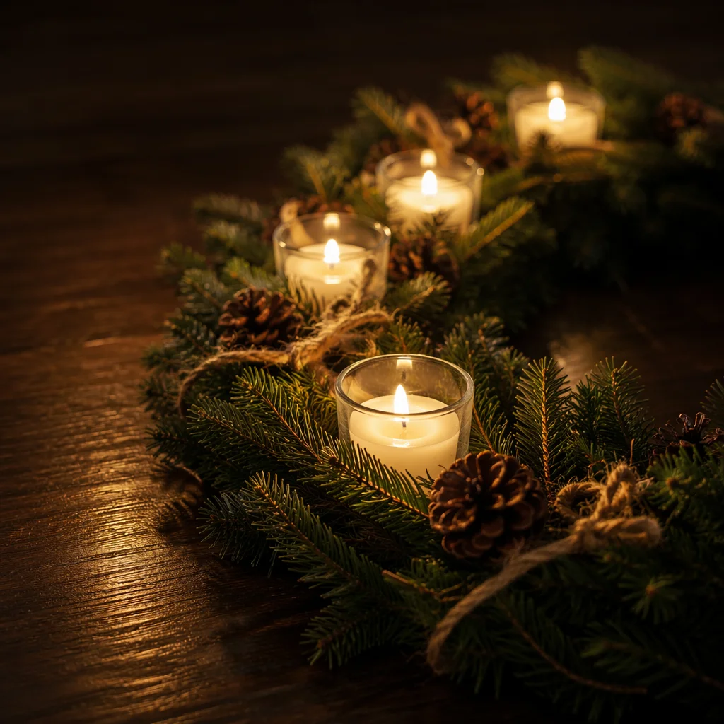 Warm Advent Wreath Candles on Wooden Table