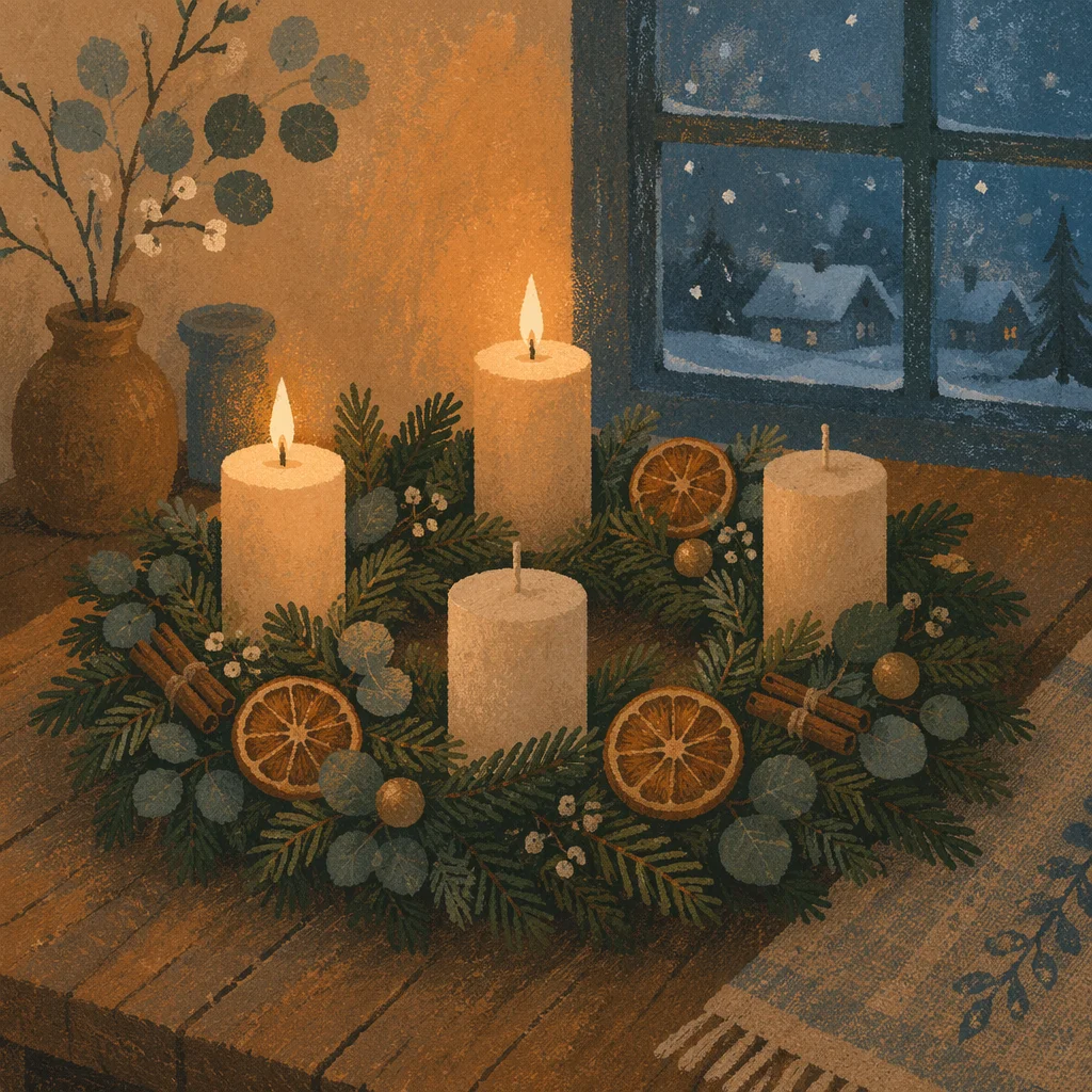 Warm Advent Wreath with Lit Candles
