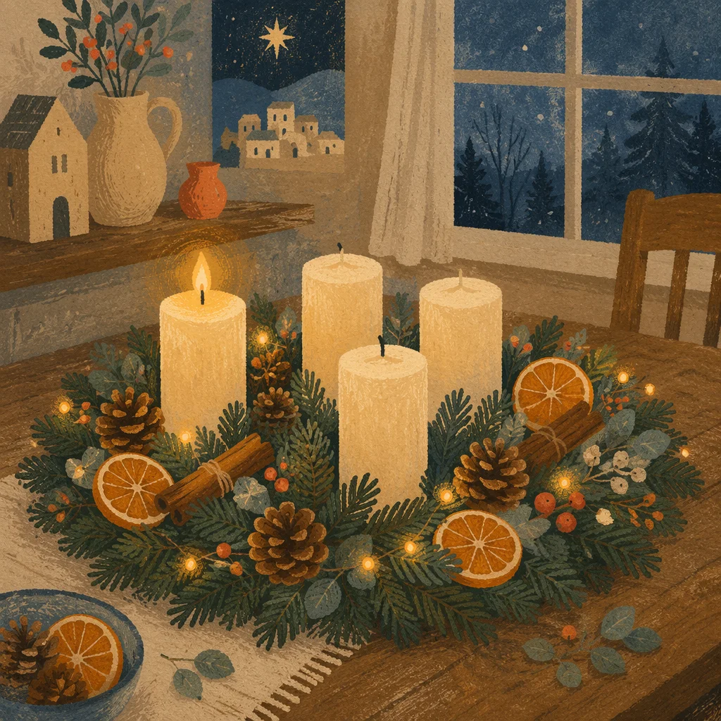 Warm Advent Candle Wreath at Dusk