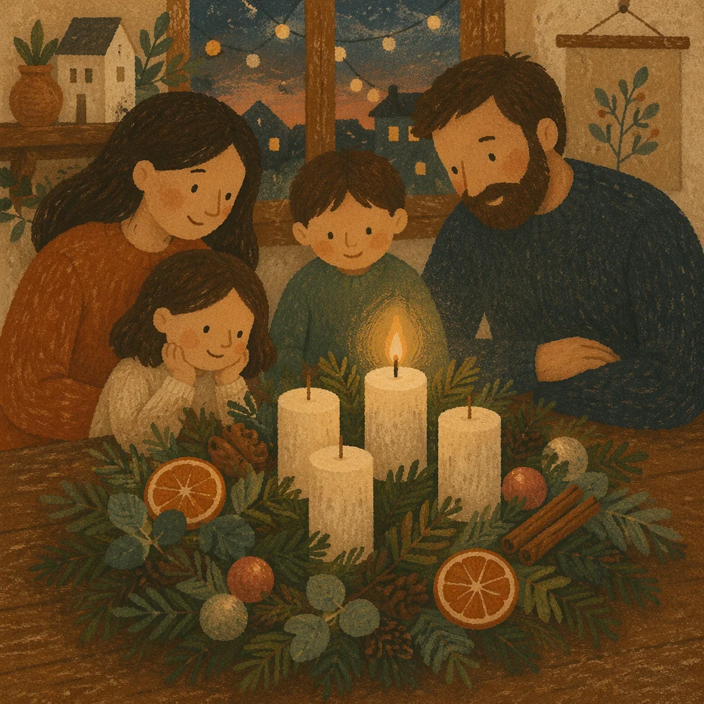 Warm Advent Candle Wreath at Dusk