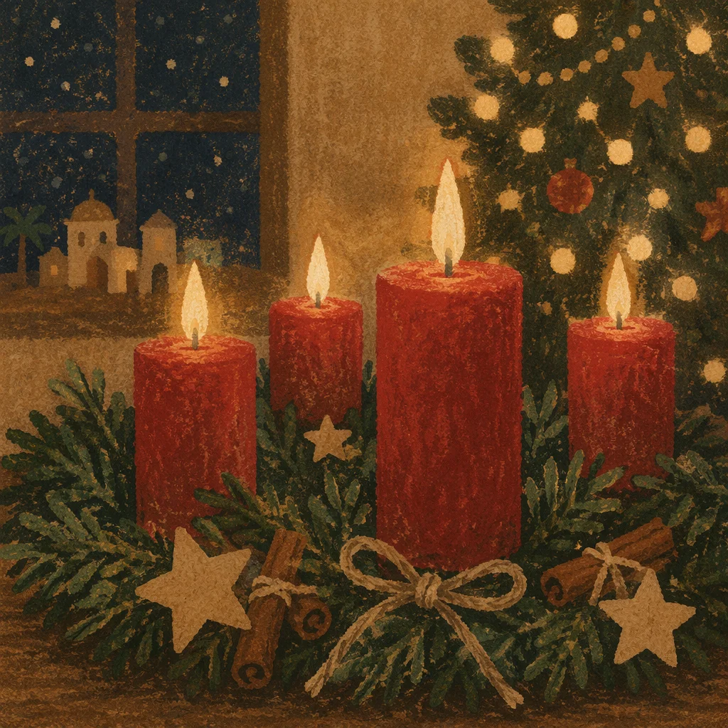 Warm Advent Candles on Evergreen Wreath
