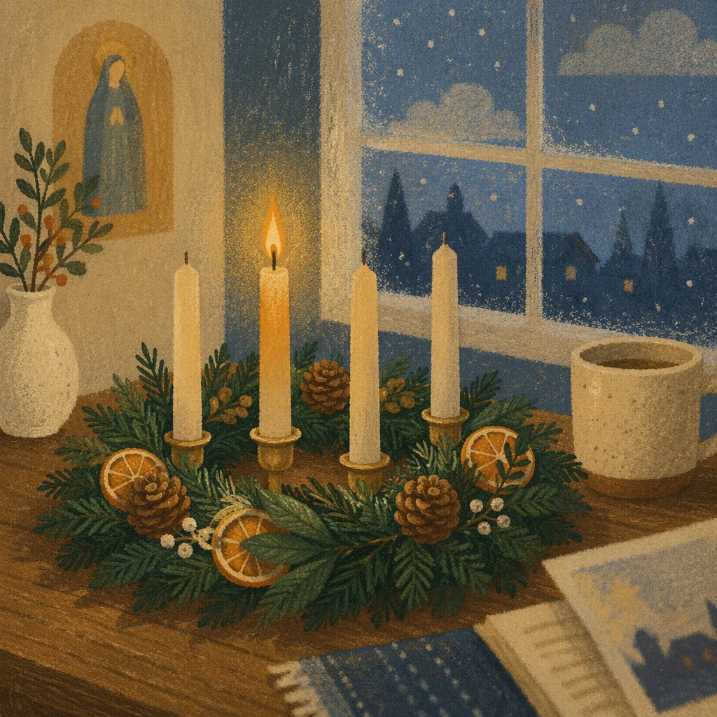 Warm Advent Wreath by Frosted Window