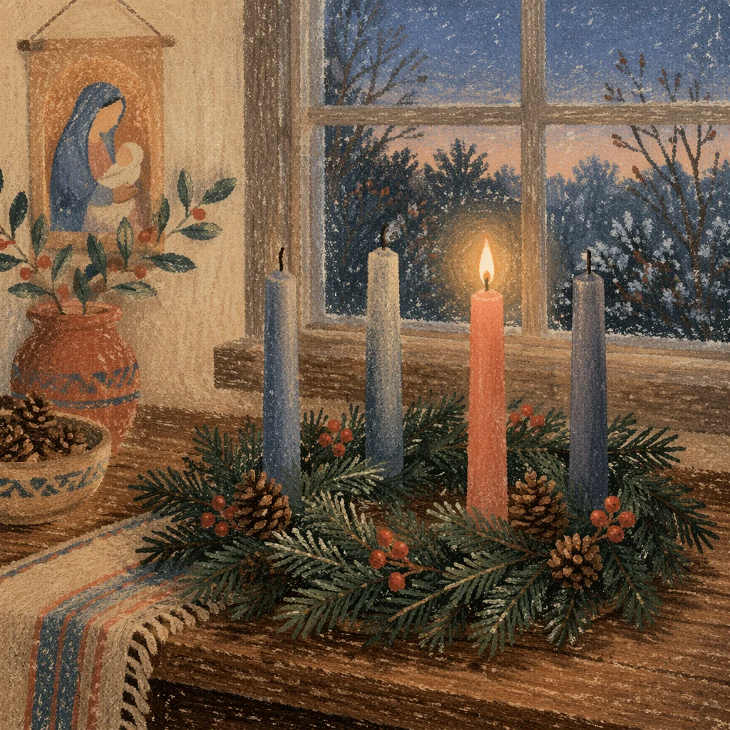 Warm Advent Wreath by Frosted Window