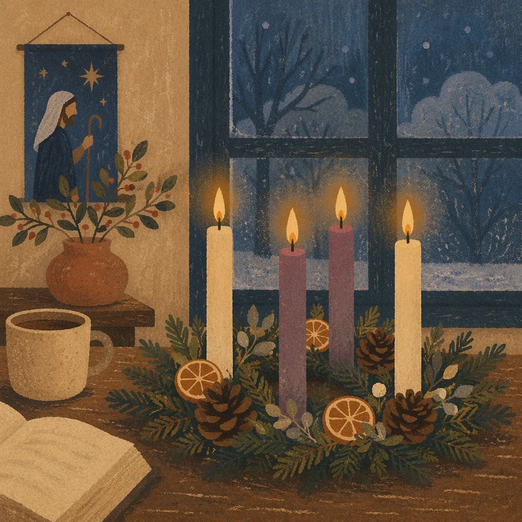 Warm Advent Candle Wreath at Dusk