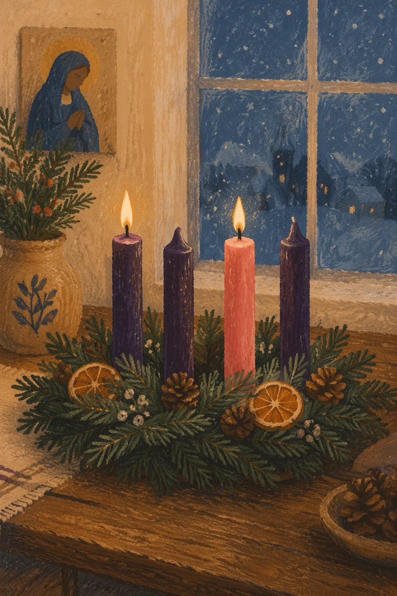 Warm Advent Wreath Candles at Winter Dusk
