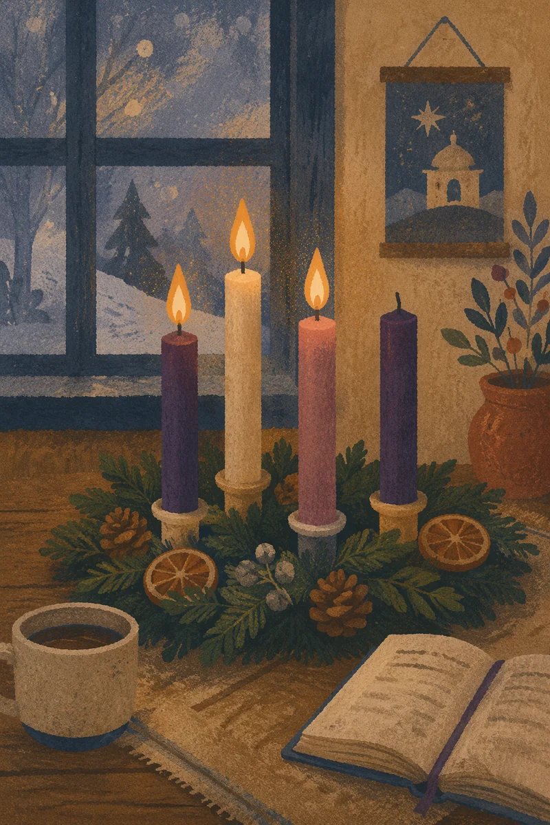 Warm Advent Candle Wreath at Dusk