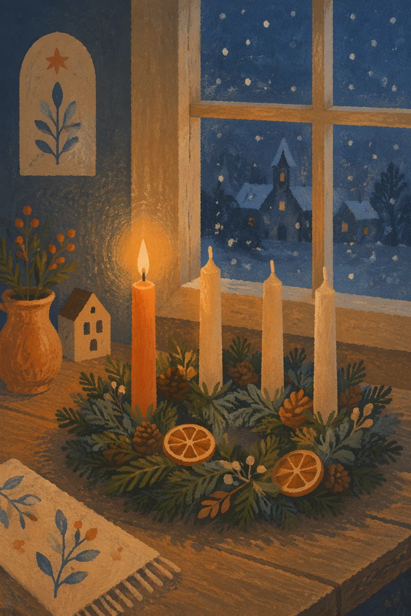 Warm Advent Wreath by Frosted Window