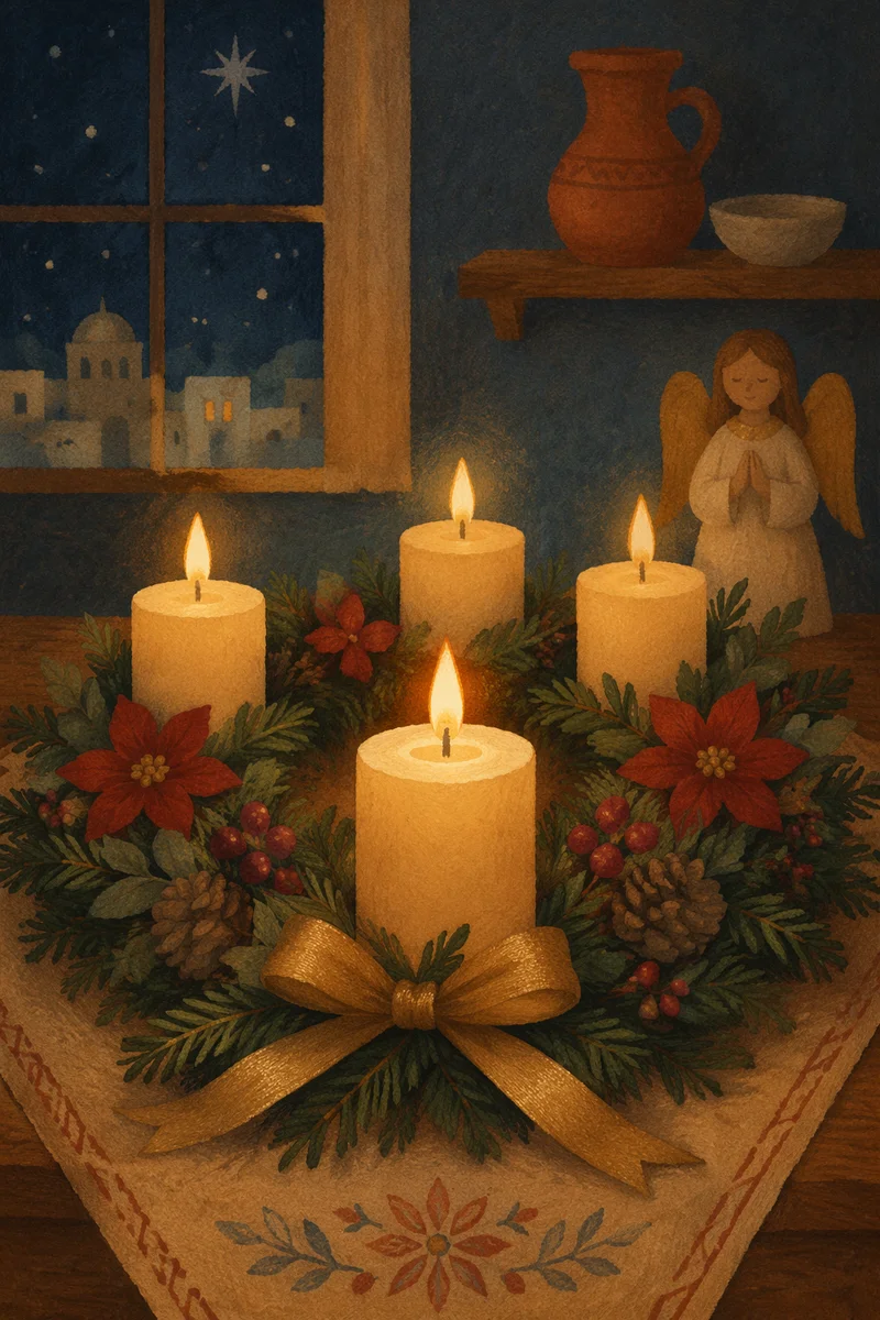 Warm Advent Wreath with Glowing Candles