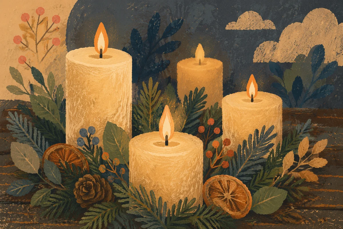 Warm Advent Candle Wreath on Rustic Table