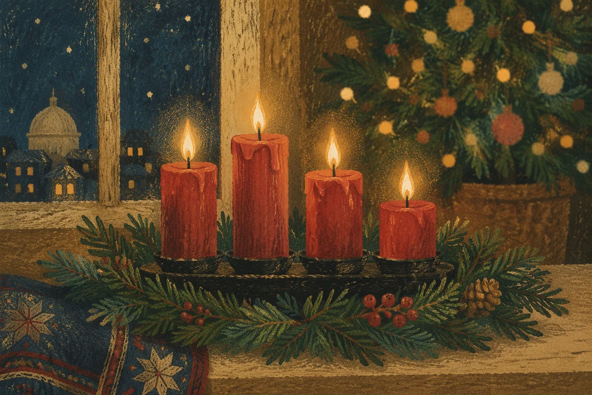 Warm Advent Candles in Evergreen Wreath