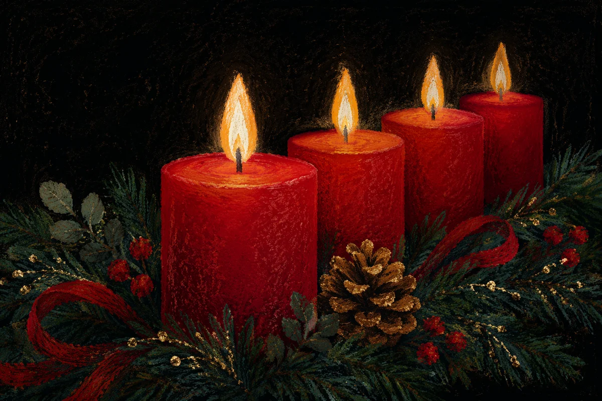 Warm Advent Candles in Evergreen Wreath
