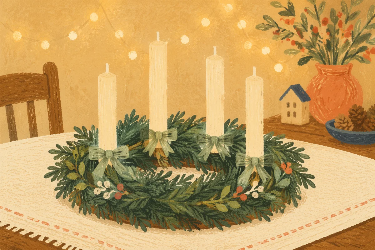 Warm Advent Candle Wreath on White Table
