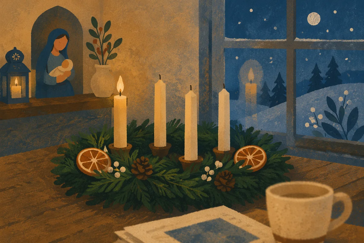Warm Advent Wreath by Frosted Window