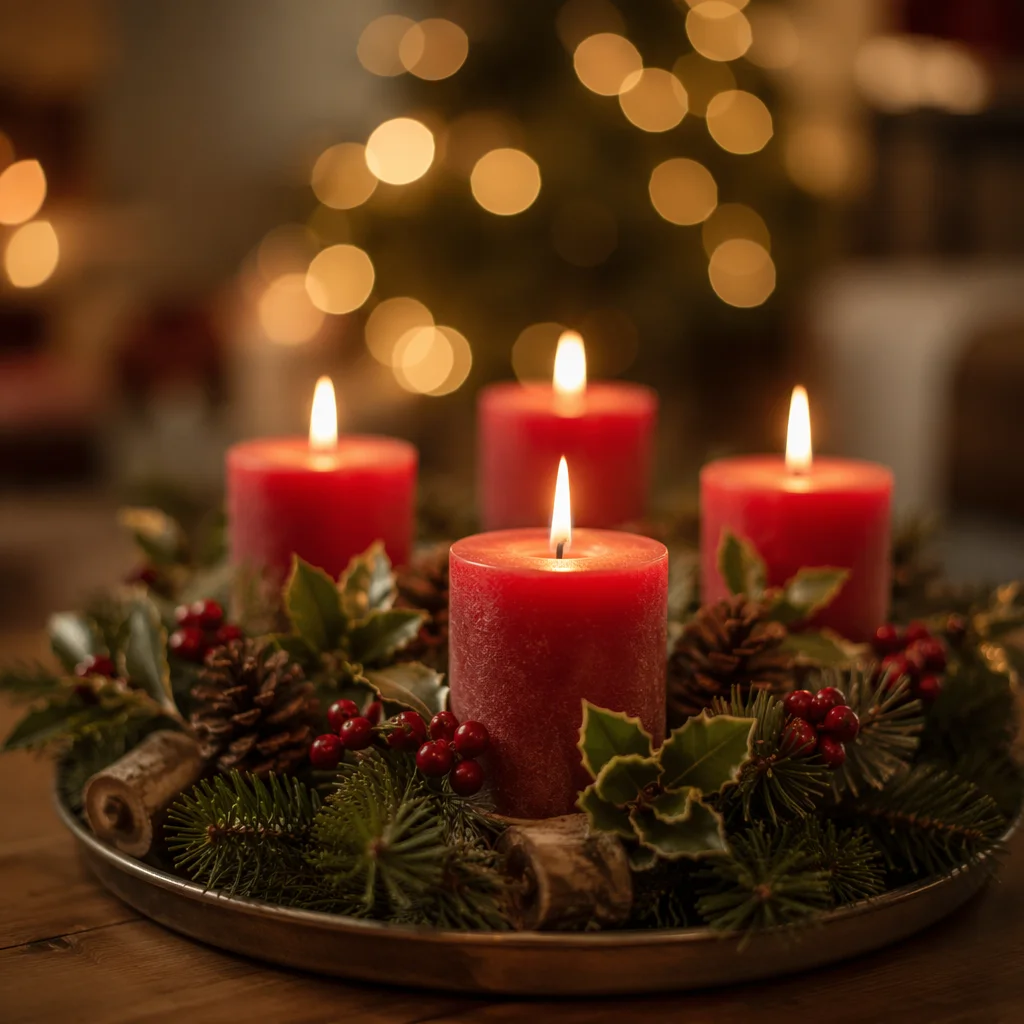Warm Advent Candle Wreath with Evergreen
