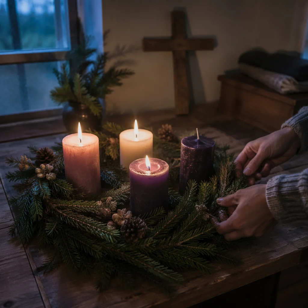 Warm Advent Wreath With Candlelight