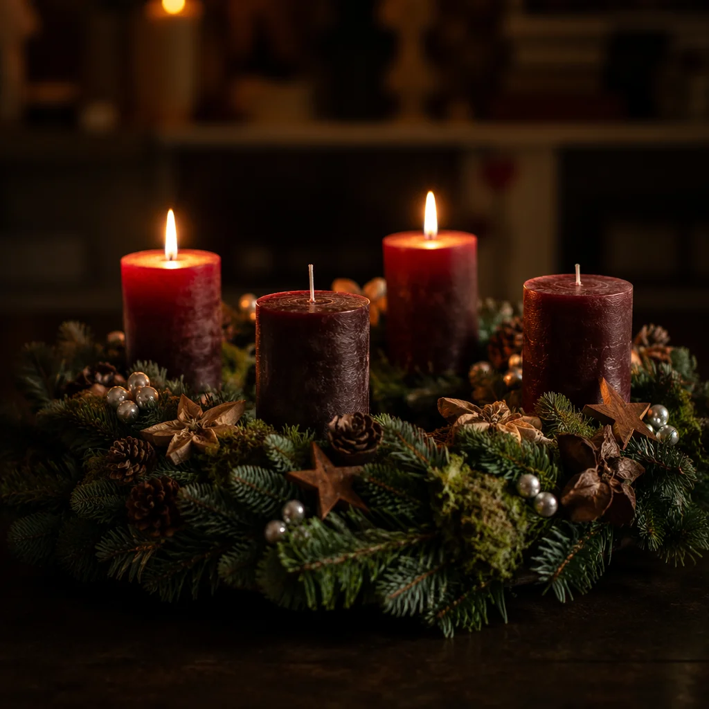 Warm Advent Wreath with Burgundy Candles