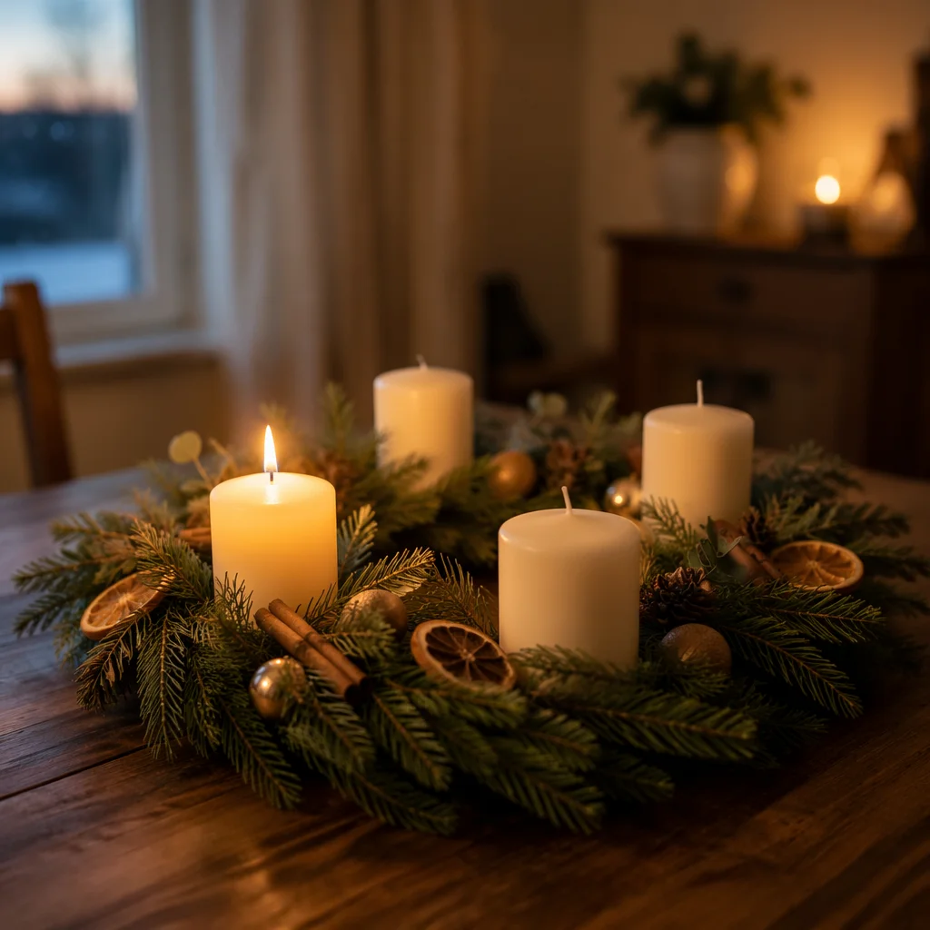 Warm Advent Candle Wreath on Rustic Table