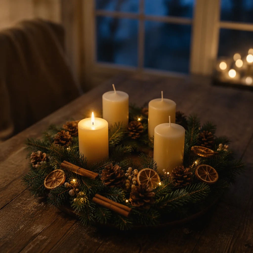 Warm Advent Candle Wreath at Dusk