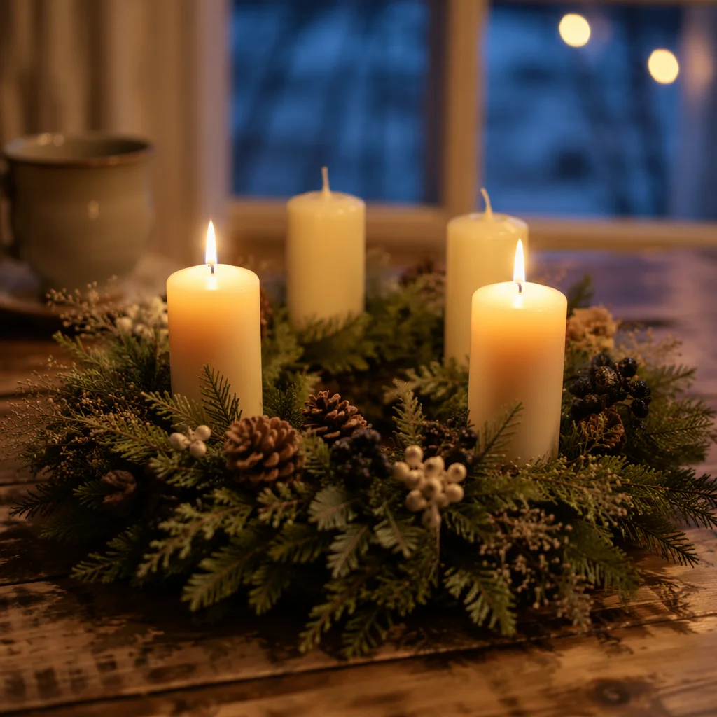Warm Advent Wreath with Candlelight