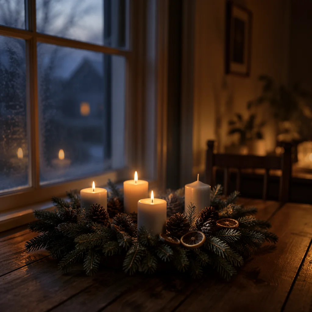 Warm Advent Wreath by Frosted Window