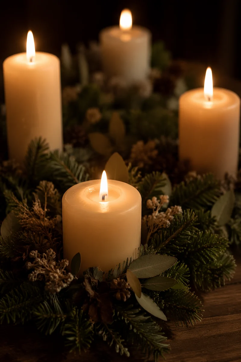 Warm Advent Candle Wreath on Rustic Table