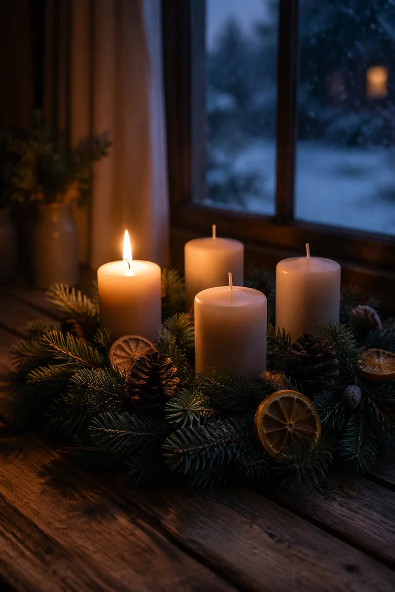 Warm Advent Candle Wreath at Dusk