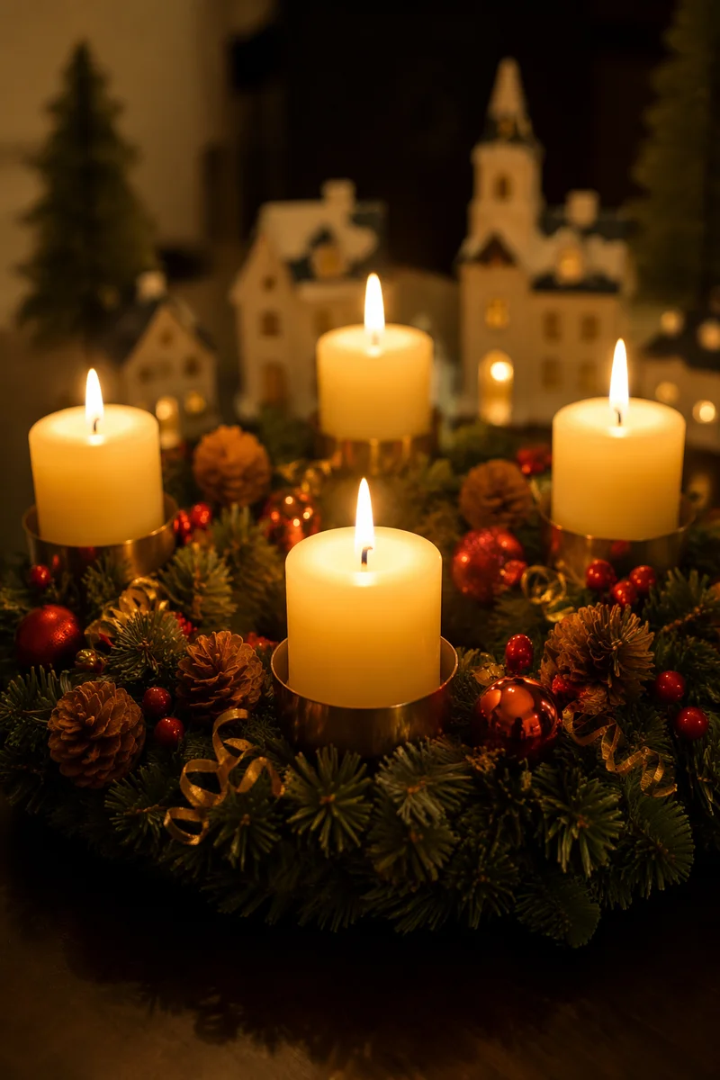 Warm Advent Wreath with Glowing Candles