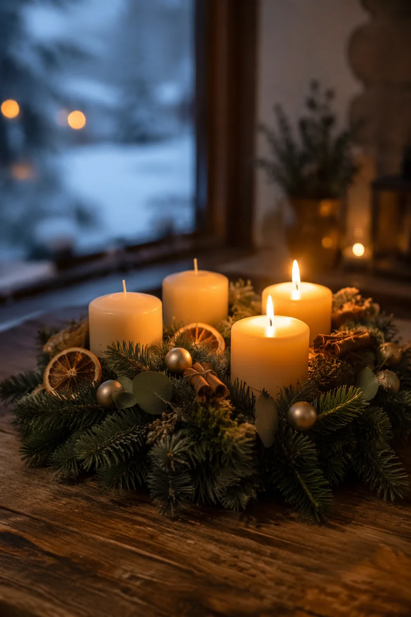 Warm Advent Wreath with Candlelight