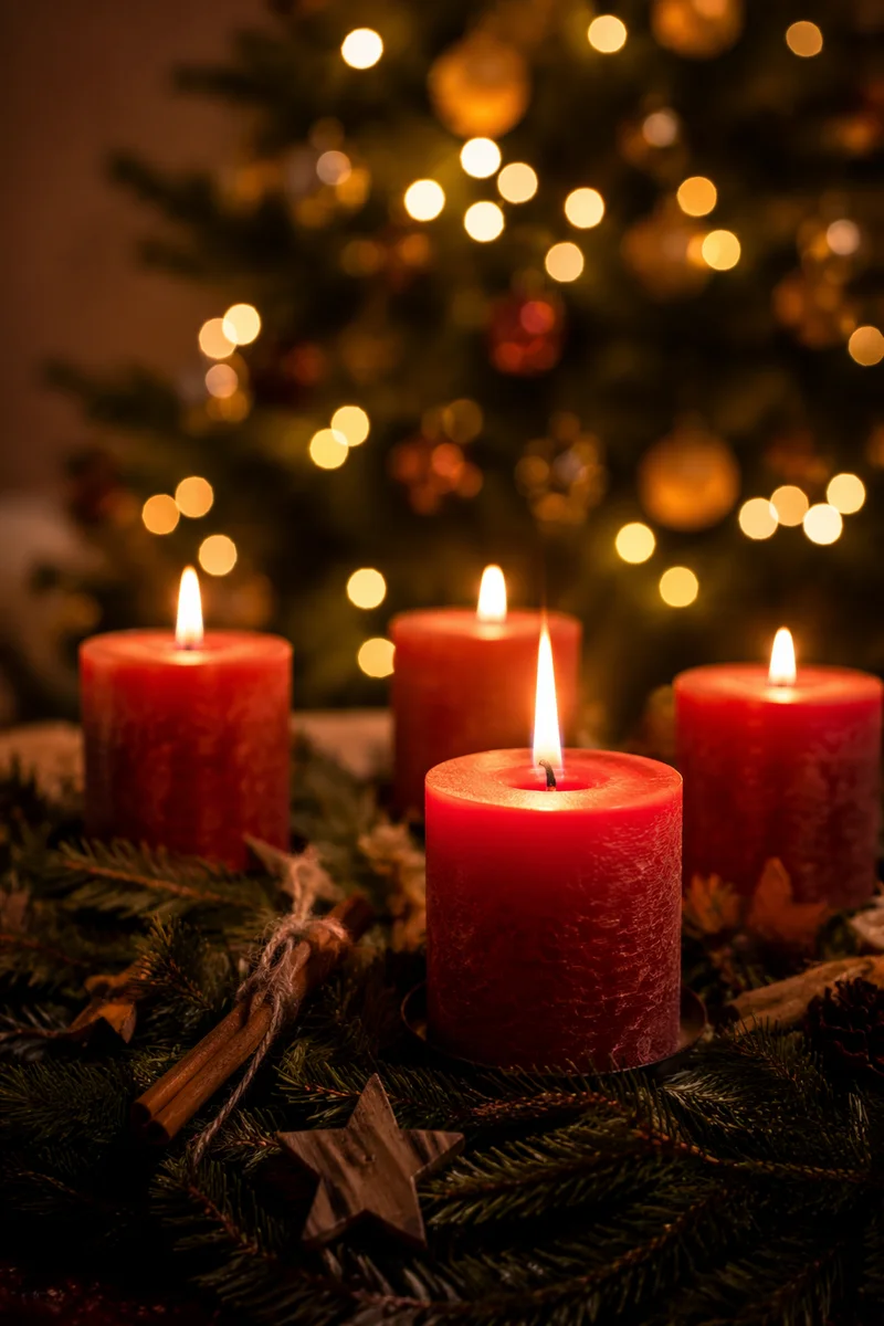 Warm Advent Candle Wreath Close-Up