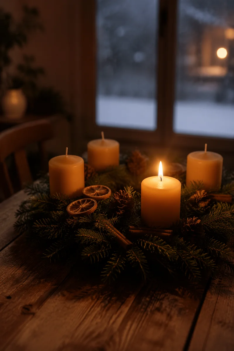 Warm Advent Wreath Candle at Winter Dusk