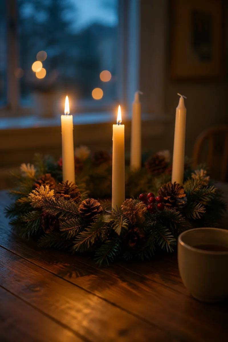 Warm Advent Wreath with Glowing Candles