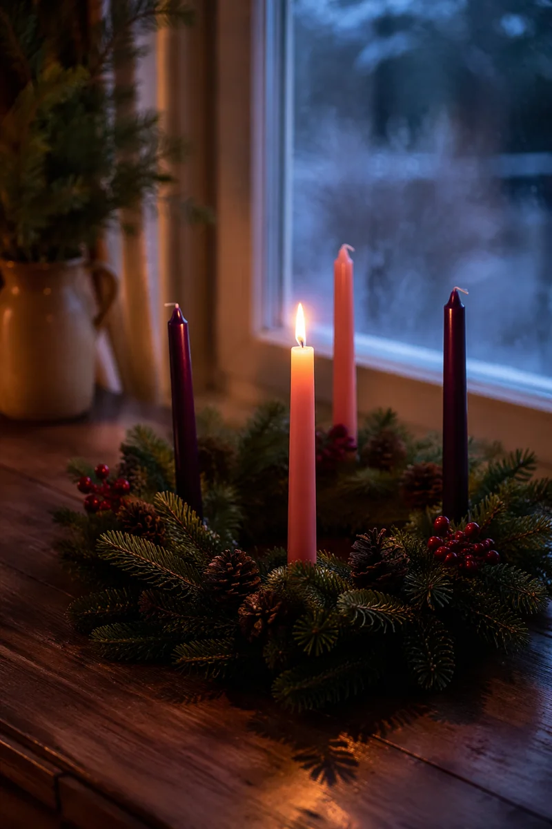 Warm Advent Wreath by Frosted Window