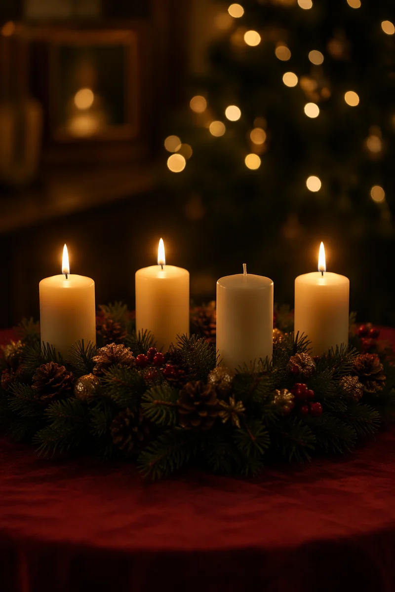 Warm Advent Candle Wreath With Evergreen