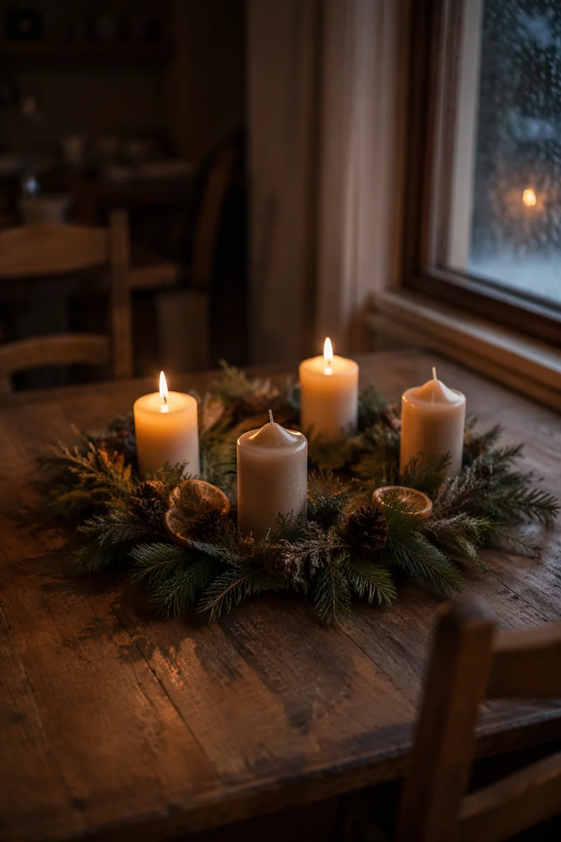Warm Advent Wreath by Frosted Window
