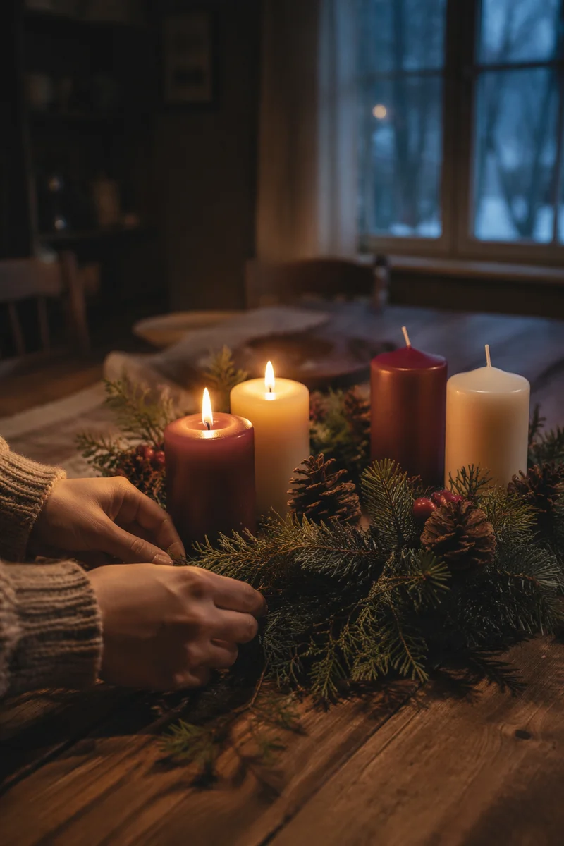 Warm Advent Wreath with Candlelight
