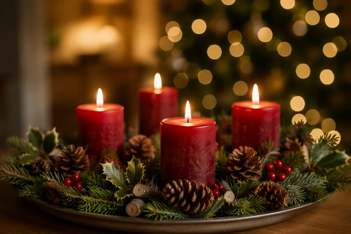 Warm Advent Candle Wreath with Evergreen