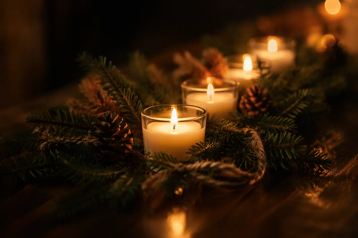 Warm Advent Wreath Candles on Dark Wood