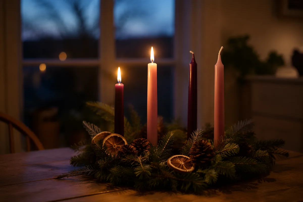 Warm Advent Candle Wreath at Winter Dusk