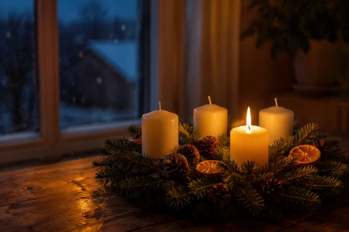 Warm Advent Candle Wreath at Dusk