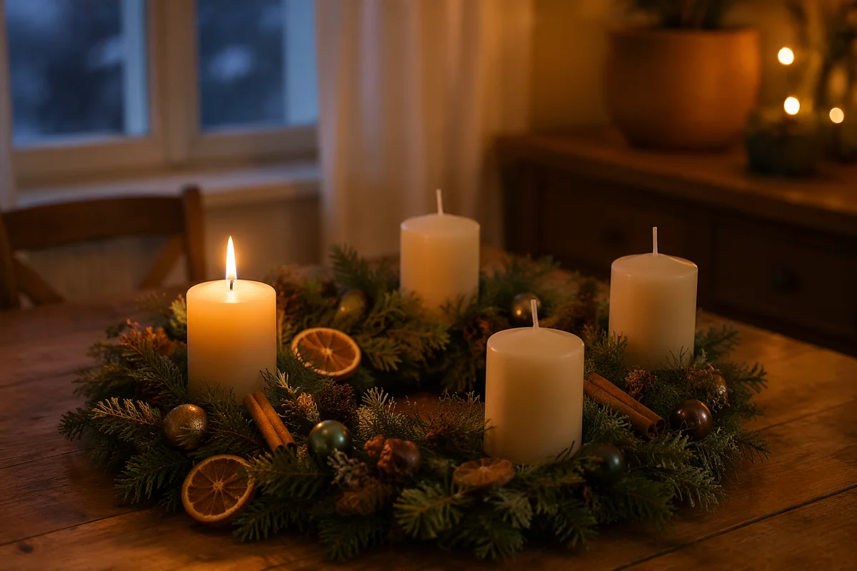 Warm Advent Candle Wreath on Rustic Table
