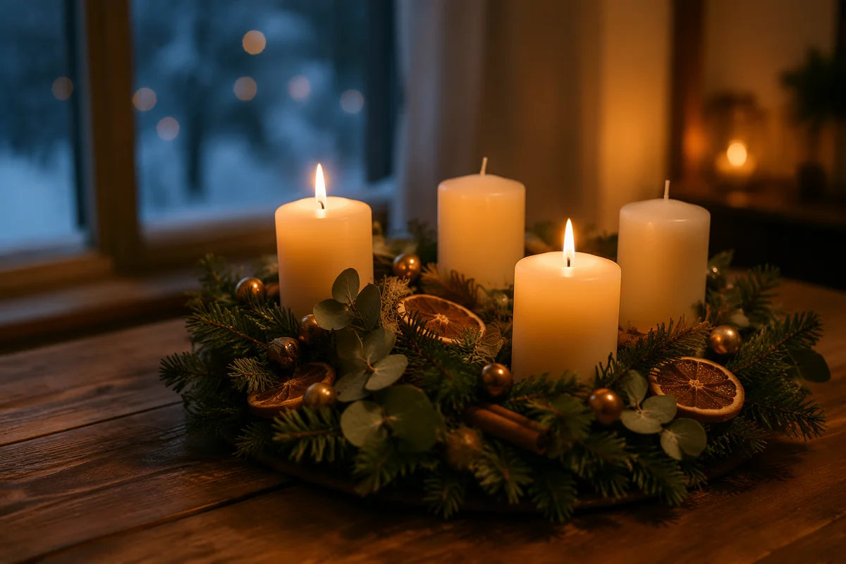 Warm Advent Wreath with Lit Candles