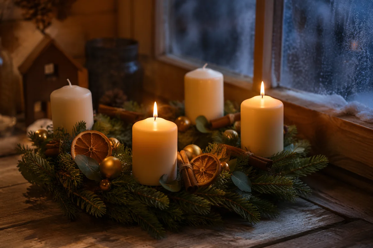 Warm Advent Candle Wreath at Blue Hour