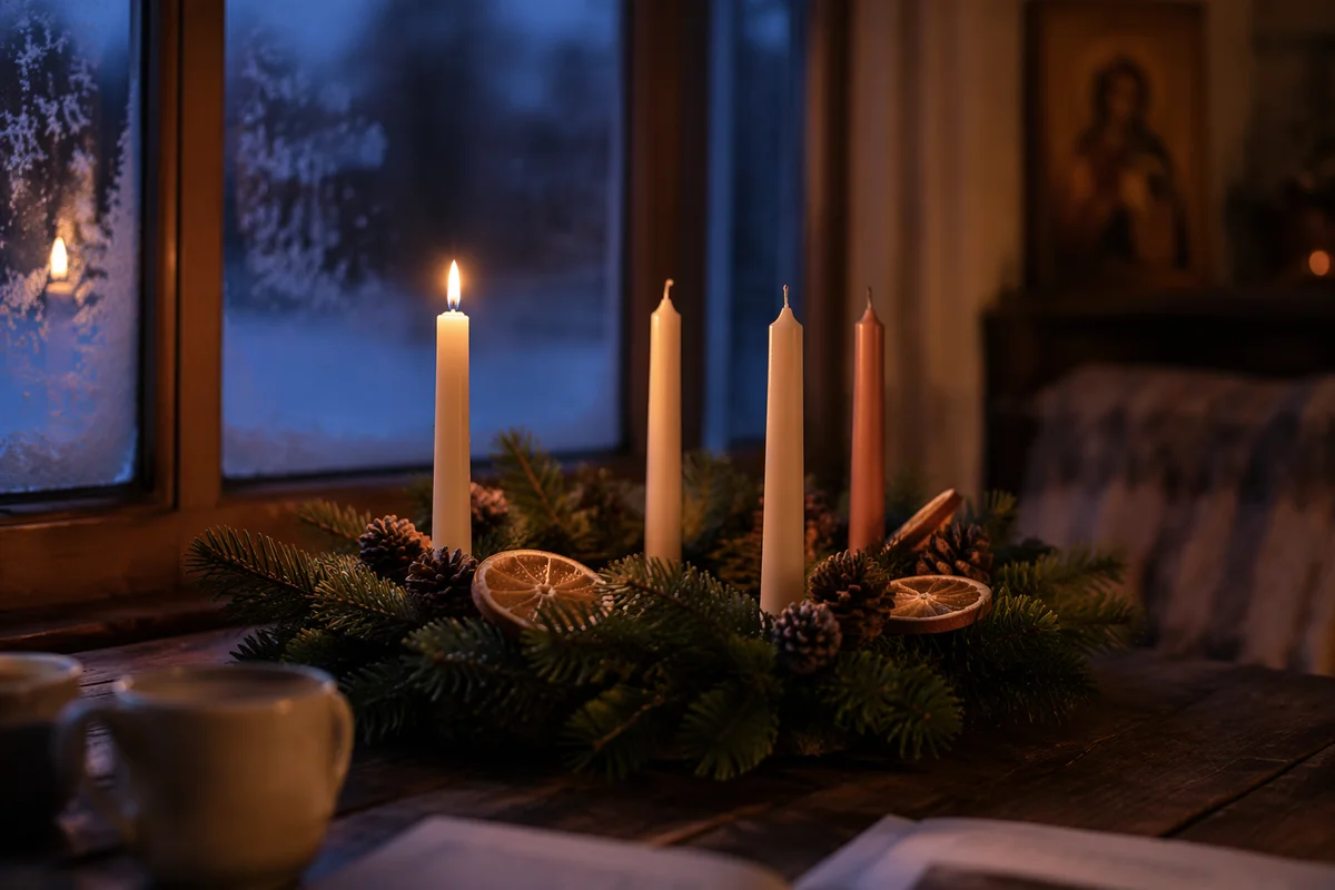 Warm Advent Wreath by Frosted Window