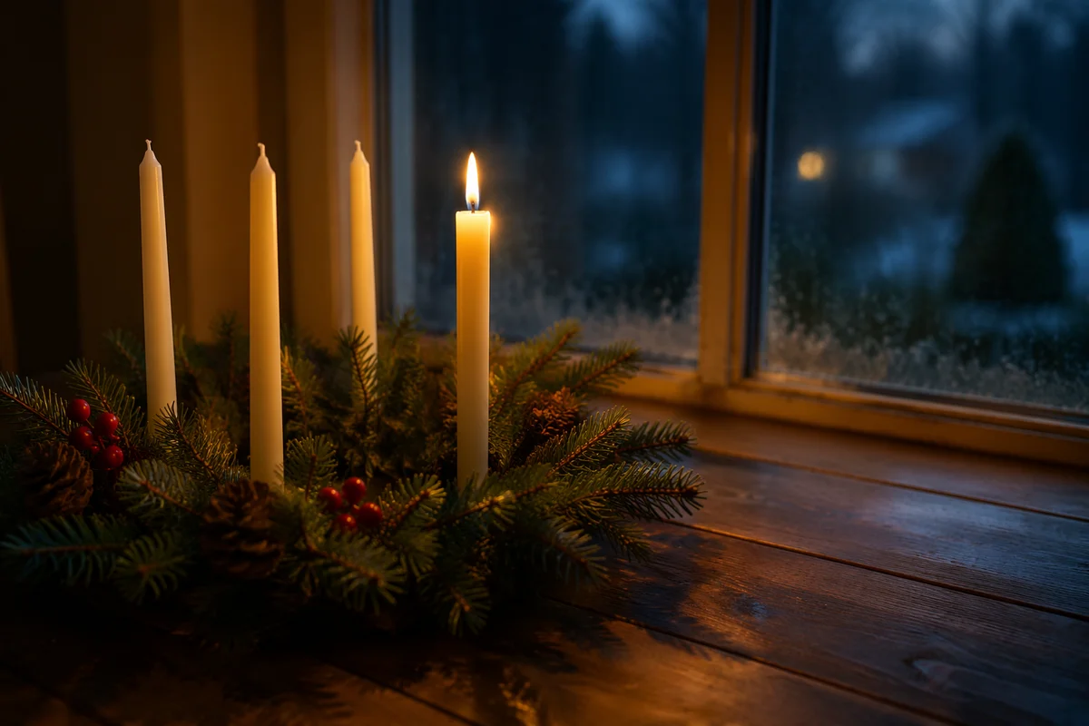Warm Advent Wreath by Frosted Window