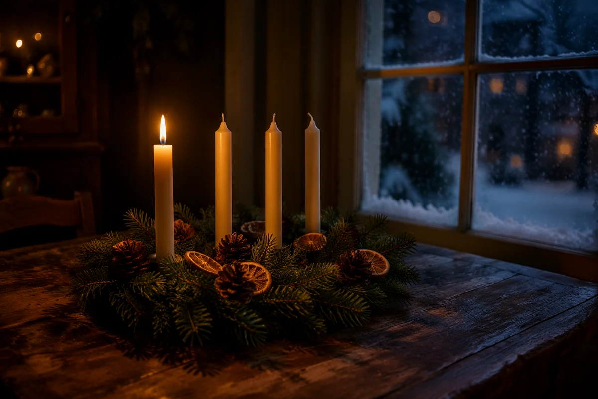 Warm Advent Wreath by Frosted Window