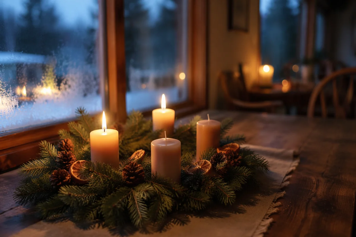 Warm Advent Wreath by Frosted Window